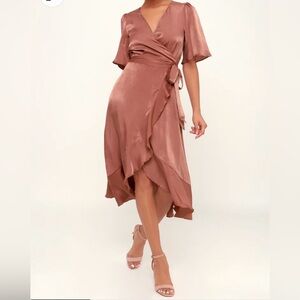 Mauve Satin Faux-Wrap Midi Dress